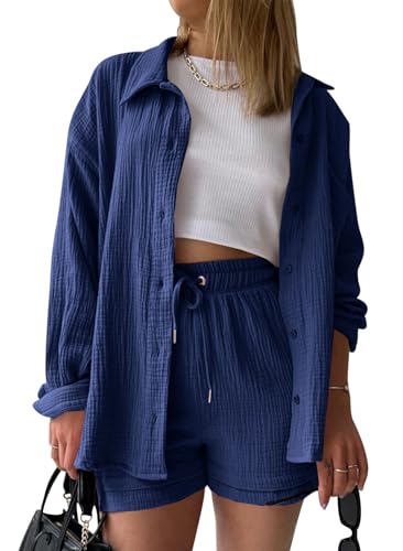 VEVESMUNDO Damen Sommer Musselin Bluse Hemd und Shorts Zweiteiler Set Baumwolle Strand Outfit Set Gr.36 38 40 42 44(Dunkelblau,S) von VEVESMUNDO