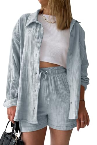 VEVESMUNDO Damen Sommer Musselin Bluse Hemd und Shorts Zweiteiler Set Baumwolle Strand Outfit Set Gr.36 38 40 42 44(Grau,L) von VEVESMUNDO