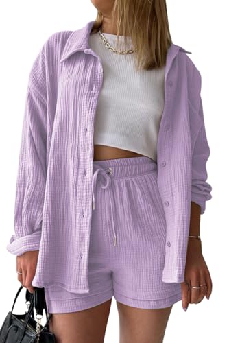 VEVESMUNDO Damen Sommer Musselin Bluse Hemd und Shorts Zweiteiler Set Baumwolle Strand Outfit Set Gr.36 38 40 42 44(Hell Lila,XL) von VEVESMUNDO