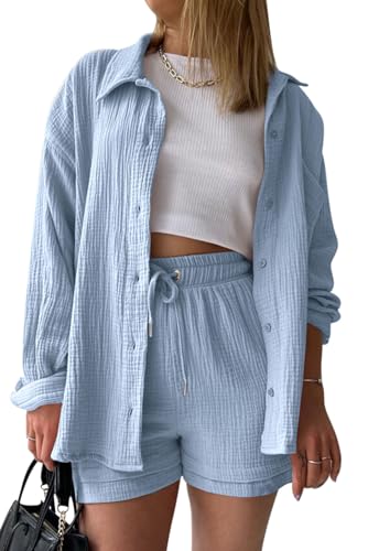 VEVESMUNDO Damen Sommer Musselin Bluse Hemd und Shorts Zweiteiler Set Baumwolle Strand Outfit Set Gr.36 38 40 42 44(Hellblau,2XL) von VEVESMUNDO