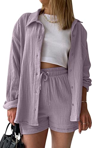 VEVESMUNDO Damen Sommer Musselin Bluse Hemd und Shorts Zweiteiler Set Baumwolle Strand Outfit Set Gr.36 38 40 42 44(Lila,XL) von VEVESMUNDO