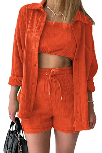 VEVESMUNDO Damen Sommer Musselin Bluse Hemd und Shorts Zweiteiler Set Baumwolle Strand Outfit Set Gr.36 38 40 42 44(Orange,L) von VEVESMUNDO