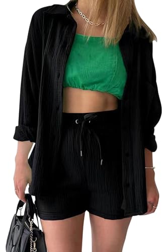 VEVESMUNDO Damen Sommer Musselin Bluse Hemd und Shorts Zweiteiler Set Baumwolle Strand Outfit Set Gr.36 38 40 42 44(Schwarz,M) von VEVESMUNDO