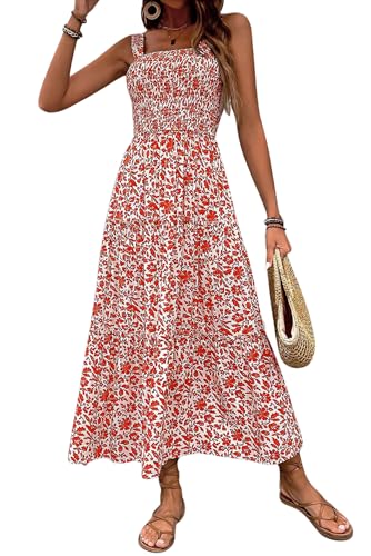 VEVESMUNDO Damen Sommerkleid Ärmelloses Spaghettiträger Quadratischer Ausschnitt Boho Blumen Lang Kleid Blumenkleid Strandkleid A Line Kleider (Orange,L) von VEVESMUNDO