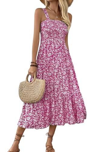VEVESMUNDO Damen Sommerkleid Ärmelloses Spaghettiträger Quadratischer Ausschnitt Boho Blumen Lang Kleid Blumenkleid Strandkleid A Line Kleider (Rosarot,XL) von VEVESMUNDO