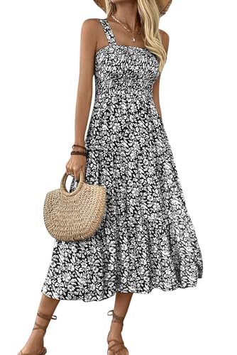 VEVESMUNDO Damen Sommerkleid Ärmelloses Spaghettiträger Quadratischer Ausschnitt Boho Blumen Lang Kleid Blumenkleid Strandkleid A Line Kleider (Schwarz,L) von VEVESMUNDO