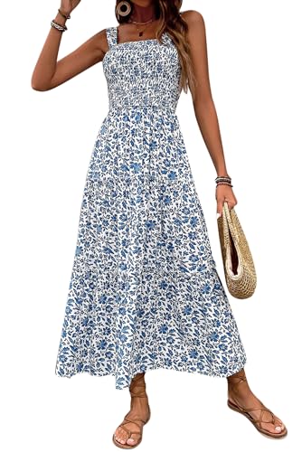 VEVESMUNDO Damen Sommerkleid Ärmelloses Spaghettiträger Quadratischer Ausschnitt Boho Blumen Lang Kleid Blumenkleid Strandkleid A Line Kleider (Weiß mit Blaue Blumen,M) von VEVESMUNDO