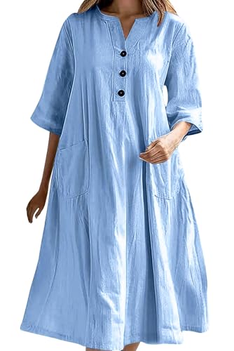 VEVESMUNDO Damen Sommerkleid Casual Tunika Kleider A-Linie Midikleid Rundhals Oversized T-Shirt Freizeitkleid Leinenkleid Strandkleider Langes Kleid mit Taschen (Blau,XXL) von VEVESMUNDO