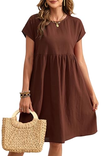 VEVESMUNDO Damen Sommerkleid Kurz Sommer Kurzarm Freizeitkleider Shirtkleider Rundhals Knielang Einfache T-Shirt Tunika Kleid Umstandskleid Gr.36 38 40 42 44 (Braun,L) von VEVESMUNDO