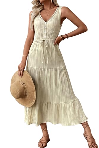 VEVESMUNDO Damen Sommerkleider Ärmellose Maxikleid Casual V-Ausschnitt Lang Leicht Hohe Taille A-Linie Trägerkleid Rüschenkleid Strandkleid mit Knöpfen mit Gummizug Taille (Beige,M) von VEVESMUNDO