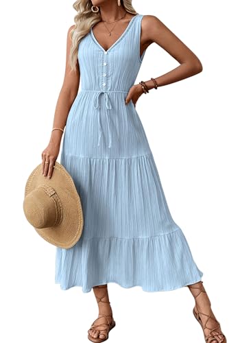 VEVESMUNDO Damen Sommerkleider Ärmellose Maxikleid Casual V-Ausschnitt Lang Leicht Hohe Taille A-Linie Trägerkleid Rüschenkleid Strandkleid mit Knöpfen mit Gummizug Taille (Hellblau,M) von VEVESMUNDO