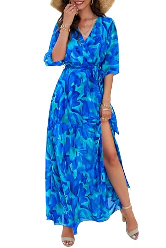 VEVESMUNDO Damen Sommerkleider Halbarm Maxikleid A Linie Lang Kleid Boho Chiffon Freizeitkleid Strandkleider mit Gürtel Gr.38 40 42 44(Saphirblau Blumendruck Kleider,M) von VEVESMUNDO