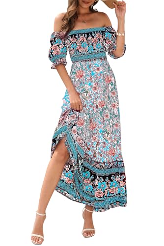 VEVESMUNDO Damen Sommerkleider Strandkleid Sommer Kurzarm Boho Strand Urlaub Kleid Off Shoulder Kleider Maxikleid mit Blumendruck Gr.36 38 40 42 44(Blau Blumendruck Kleider,XL) von VEVESMUNDO