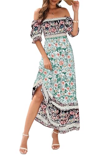 VEVESMUNDO Damen Sommerkleider Strandkleid Sommer Kurzarm Boho Strand Urlaub Kleid Off Shoulder Kleider Maxikleid mit Blumendruck Gr.36 38 40 42 44(Hellgrün,L) von VEVESMUNDO