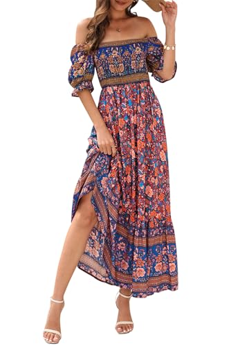VEVESMUNDO Damen Sommerkleider Strandkleid Sommer Kurzarm Boho Strand Urlaub Kleid Off Shoulder Kleider Maxikleid mit Blumendruck Gr.36 38 40 42 44(Rot,L) von VEVESMUNDO