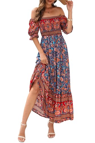 VEVESMUNDO Damen Sommerkleider Strandkleid Sommer Kurzarm Boho Strand Urlaub Kleid Off Shoulder Kleider Maxikleid mit Blumendruck Gr.36 38 40 42 44(Rot&Blau Blumendruck Kleider,XL) von VEVESMUNDO