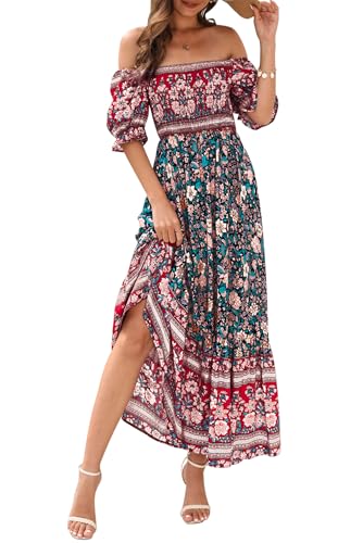 VEVESMUNDO Damen Sommerkleider Strandkleid Sommer Kurzarm Boho Strand Urlaub Kleid Off Shoulder Kleider Maxikleid mit Blumendruck Gr.36 38 40 42 44(Rot&Grün Blumendruck Kleider,M) von VEVESMUNDO