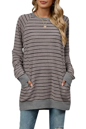 VEVESMUNDO Damen Streifen Strickpullover Langarm Strickpulli Lang Gestreiftes Oversized Herbst Rundhals Oberteile Pullover Sweatshirt Tops mit Taschen (Braun & Schwarz Streifen, S) von VEVESMUNDO
