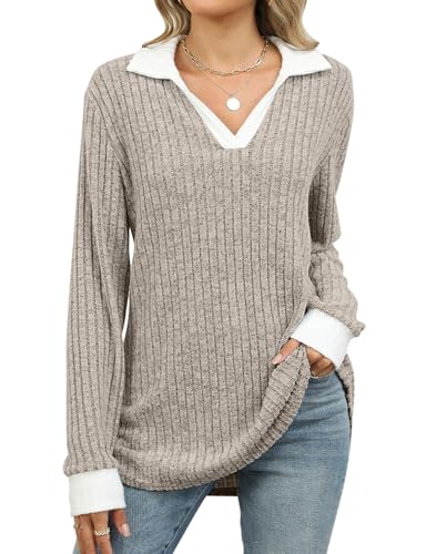 VEVESMUNDO Damen Strickpullover Langarm Strickpulli V Ausschnitt Oversized Lang Herbst Oberteile Rippstrick Pullover Gr.36 38 40 42 44 (Khaki, 2XL) von VEVESMUNDO