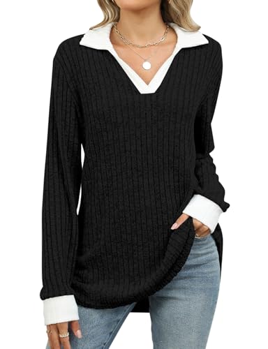 VEVESMUNDO Damen Strickpullover Langarm Strickpulli V Ausschnitt Oversized Lang Herbst Oberteile Rippstrick Pullover Gr.36 38 40 42 44 (Schwarz, M) von VEVESMUNDO