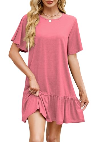 VEVESMUNDO Damen T Shirt Kleid Sommerkleid Kurzarm Unifarbige Freizeitkleid Shirtkleide Strandkleid Tunika Kleid mit Rüschen (Rosa,M) von VEVESMUNDO