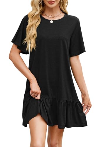 VEVESMUNDO Damen T Shirt Kleid Sommerkleid Kurzarm Unifarbige Freizeitkleid Shirtkleide Strandkleid Tunika Kleid mit Rüschen (Schwarz,S) von VEVESMUNDO