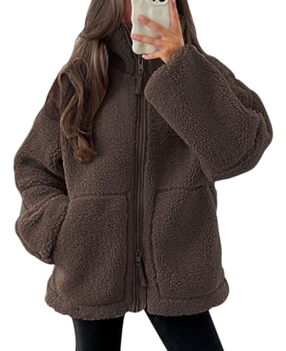 VEVESMUNDO Damen Teddy Fleece Jacke Reißverschluss Warme Plüsch Fleecejacke Flauschjacke Plüschjacke Kunstpelzjacke Faux Mantel (Grün, M) von VEVESMUNDO