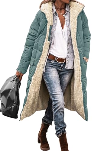 VEVESMUNDO Damen Winterjacke Lange Wintermantel Langarm Reißverschluss Fleece Gefüttert Steppmantel Daunenjacke Steppjacke mit Kapuze (Hell Grün, XL) von VEVESMUNDO