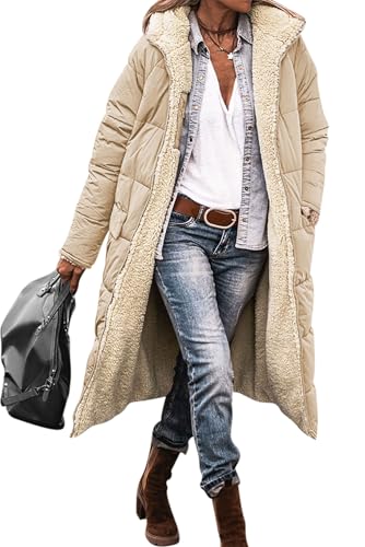 VEVESMUNDO Damen Winterjacke Lange Wintermantel Langarm Reißverschluss Fleece Gefüttert Steppmantel Daunenjacke Steppjacke mit Kapuze (Khaki, L) von VEVESMUNDO