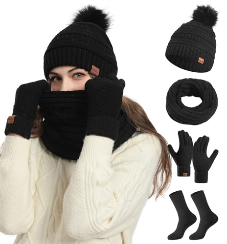 VEVESMUNDO Damen Wintermütze Loop Schal handschuhe Socken 4 Stück Winter Strickset Strickmütze mit Bommel Schwarz VEVESMUNDO Damen Wintermütze Loop Schal handschuhe Socken 4 Stück Winter Strickset Strickmütze mit Bommel Schwarz von VEVESMUNDO