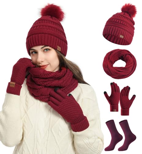 VEVESMUNDO Damen Wintermütze Loop Schal handschuhe Socken 4 Stück Winter Strickset Strickmütze mit Bommel Weinrot von VEVESMUNDO
