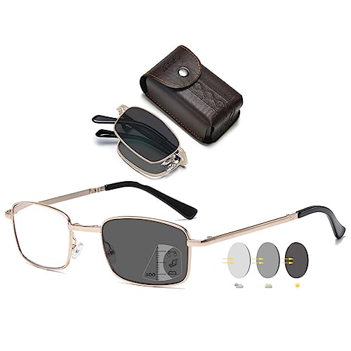 VEVESMUNDO Faltbare Gleitsicht Lesebrille Progressive Selbsttönende Gleitsichtbrille Metall Kompakt Herren Damen Sehhilfe Lesehilfe mit Etui (1 Stück Gold, 2.0) von VEVESMUNDO