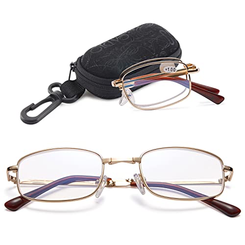 VEVESMUNDO Faltbare Lesebrille Blaulichtfilter Klappbar Metall Rechteckig Kompakt Anti Blaulicht Sehhilfe Lesehilfe Brille mit Etui für Herren Damen(1er Gold Lesebrille mit Hülle, 2.0+) von VEVESMUNDO