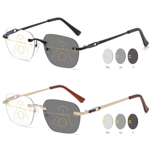 VEVESMUNDO Gleitsicht Selbsttönende Lesebrillen Randlos Blaulichtfilter Herren Metall Gleitsichtbrille Multifokale Progressive Brille (2 Stück Lesebrillen Set, +3.0) von VEVESMUNDO
