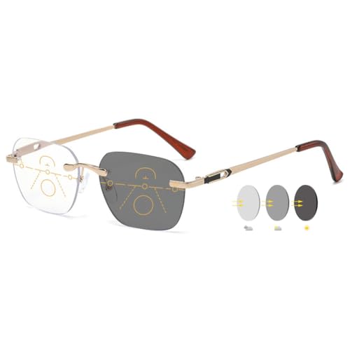 VEVESMUNDO Gleitsicht Selbsttönende Lesebrillen Randlos Blaulichtfilter Herren Metall Gleitsichtbrille Multifokale Progressive Brille (Gold, 3.0) von VEVESMUNDO