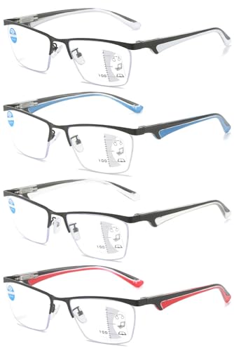 VEVESMUNDO Gleitsichtbrille Lesebrille Blaulichtfilter Herren Damen Multifocus Metall Halbrand Rechteckig Anti Blaulicht Gleitsicht Lesehilfe Sehhilfe Brillen (+2.5, 4 Stück Gleitsichtbrille Set) von VEVESMUNDO
