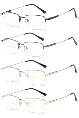 VEVESMUNDO Gleitsichtbrille Lesebrille Metall Halbrand Blaulichtfilter Progressive Multifocus Gleitsichtlesebrille für Herren Damen (4 Stück Lesebrillen Set, 2.0) von VEVESMUNDO