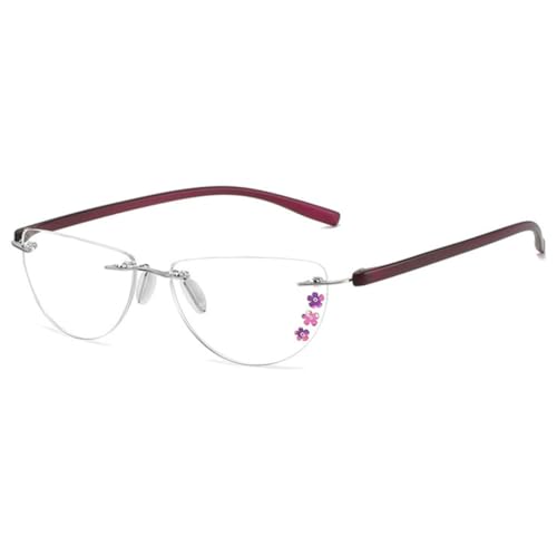 VEVESMUNDO Halbmond Randlos Lesebrillen Damen Blaulichtfilter Blumen Halbrand Lesehilfe Sehhilfe Brille +1.0,+1.5,+2.0,+2.5,+3.0,+3.5,+4.0 (1 Stück Lila Lesebrille, 1.5) von VEVESMUNDO