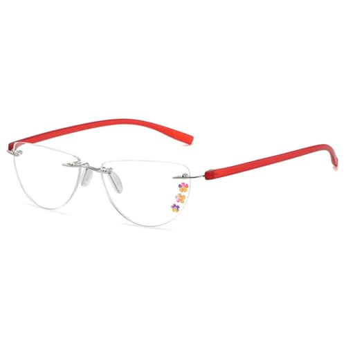 VEVESMUNDO Halbmond Randlos Lesebrillen Damen Blaulichtfilter Blumen Halbrand Lesehilfe Sehhilfe Brille +1.0,+1.5,+2.0,+2.5,+3.0,+3.5,+4.0 (1 Stück Rot Lesebrille, 3.5) von VEVESMUNDO