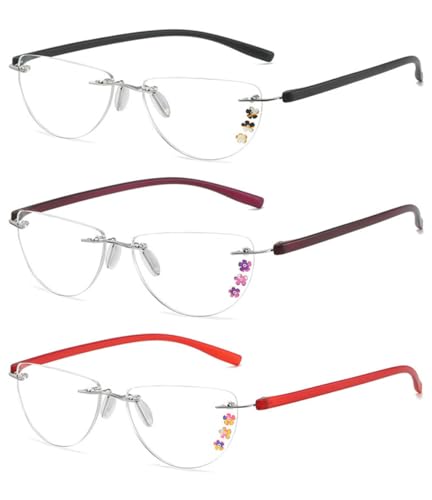 VEVESMUNDO Halbmond Randlos Lesebrillen Damen Blaulichtfilter Blumen Halbrand Lesehilfe Sehhilfe Brille +1.0,+1.5,+2.0,+2.5,+3.0,+3.5,+4.0 (3 Stück Lesebrillen Set, +3.0) von VEVESMUNDO