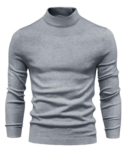 VEVESMUNDO Herren Halbkragen Pullover Rolli Langarmshirt Rollkragenshirt Casual Regular fit Unterziehrolli Basic Einfarbig Strickpullover Tops mit Halb Rollkragen (Grau, M) von VEVESMUNDO