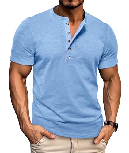 VEVESMUNDO Herren Kurzarm Henley Shirt Sommerhemd Freizeithemd Baumwolle Sommer Tops T-Shirts mit Knopfleiste (Blau, M) von VEVESMUNDO