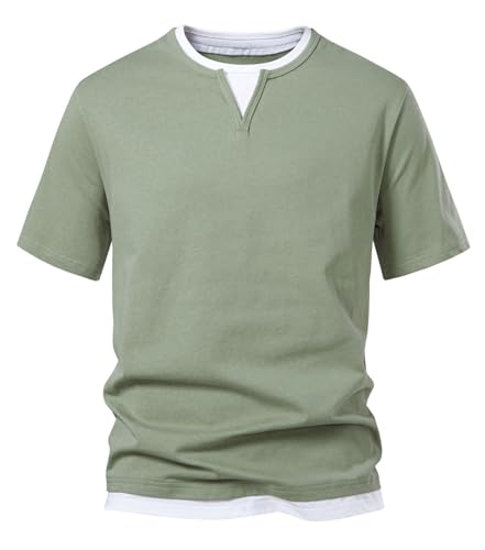 VEVESMUNDO Herren Kurzarmshirt 2 in 1 Kurzarm Baumwolle V Ausschnitt Shirts Regular Fit Rundhalsausschnitt T-Shirt (Hellgrün, M) von VEVESMUNDO