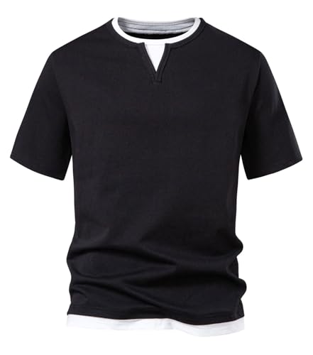 VEVESMUNDO Herren Kurzarmshirt 2 in 1 Kurzarm Baumwolle V Ausschnitt Shirts Regular Fit Rundhalsausschnitt T-Shirt (Schwarz, L) von VEVESMUNDO