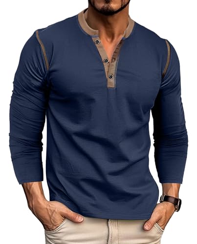 VEVESMUNDO Herren Langarmshirt Henley Shirt Baumwolle V Ausschnitt Langarm Tshirt mit Knöpfen (Königsblau, M) von VEVESMUNDO