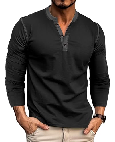 VEVESMUNDO Herren Langarmshirt Henley Shirt Baumwolle V Ausschnitt Langarm Tshirt mit Knöpfen (Schwarz, S) von VEVESMUNDO