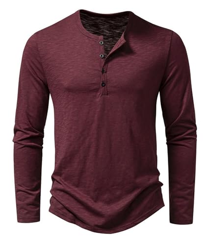 VEVESMUNDO Herren Langarm Henley Shirt Dünn Langarmshirt Rundhals T Shirt Casual Slim Fit Basic Tops mit Knöpfen (Weinrot, M) von VEVESMUNDO