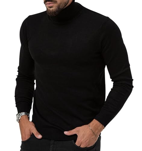VEVESMUNDO Herren Langarm Rollkragenpullover Rollkragenshirt Stehkragen Baumwolle Dünn Rollkragen Sweatshirt Langarmshirt (Schwarz, L) von VEVESMUNDO