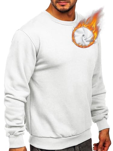 VEVESMUNDO Herren Langarmshirts Gefüttert Basic Pullover Langarm Fleece Crewneck Casual Rundhals Warm Pulli Sweatshirt (Weiß, L) von VEVESMUNDO