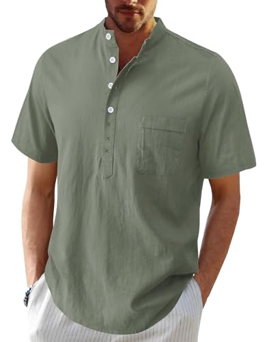 VEVESMUNDO Herren Leinenhemd Kurzarm Baumwolle Leinen Freizeithemd Stehkragen Henley T-Shirt Hemd Sommer Shirt mit Knopfleiste (Armeegrün, M) von VEVESMUNDO
